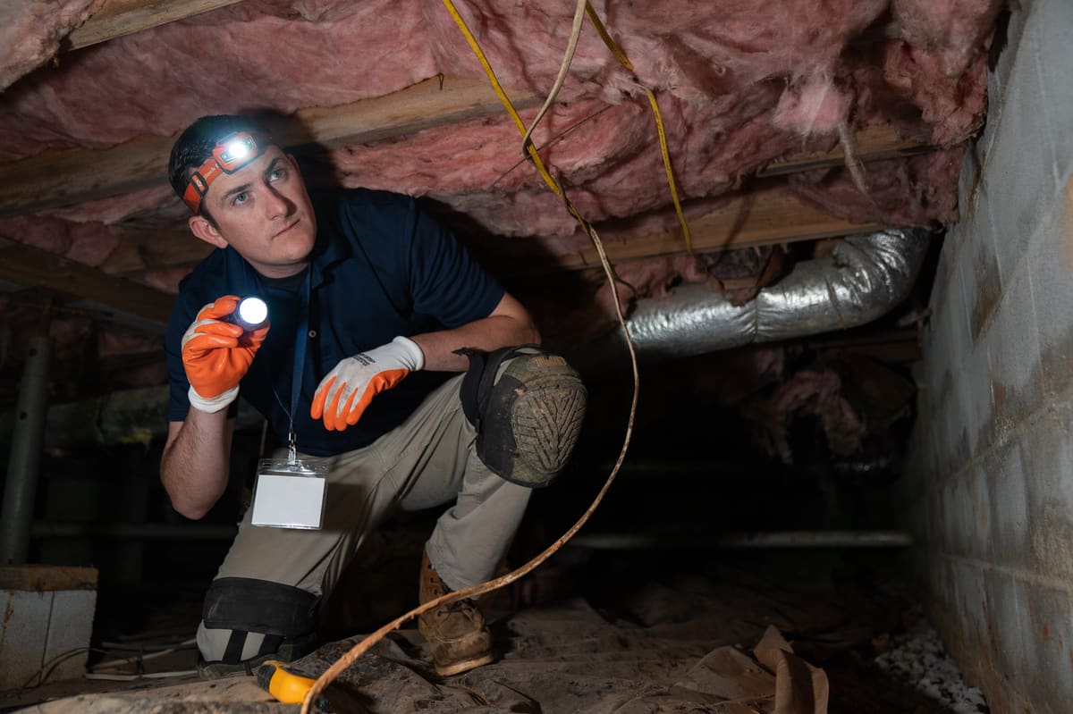 A Crawl Space Brothers specialist inspecting framing and insulation beneath a home