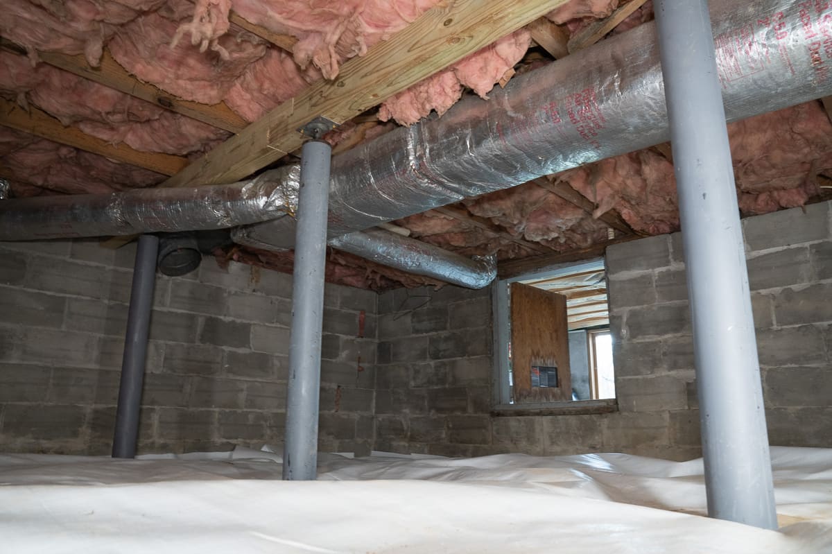 Floor framing, insulation, ductwork, and a ground liner inside a crawl space