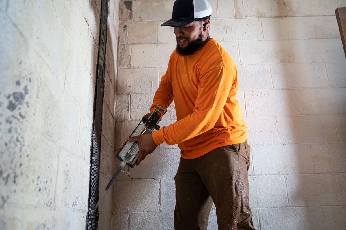 A specialist working alongside a basement foundation wall