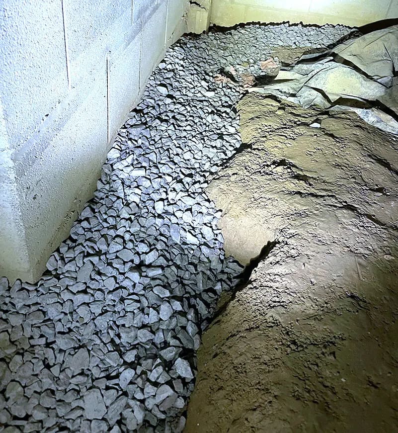 Gravel drainage along the inside of a crawl space foundation wall