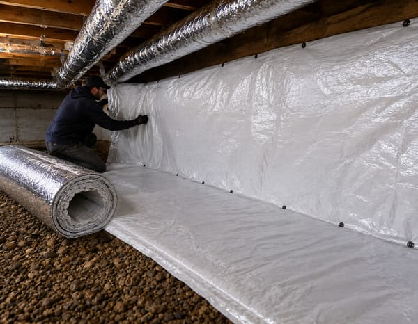 Technician installing a white crawl space vapor barrier
