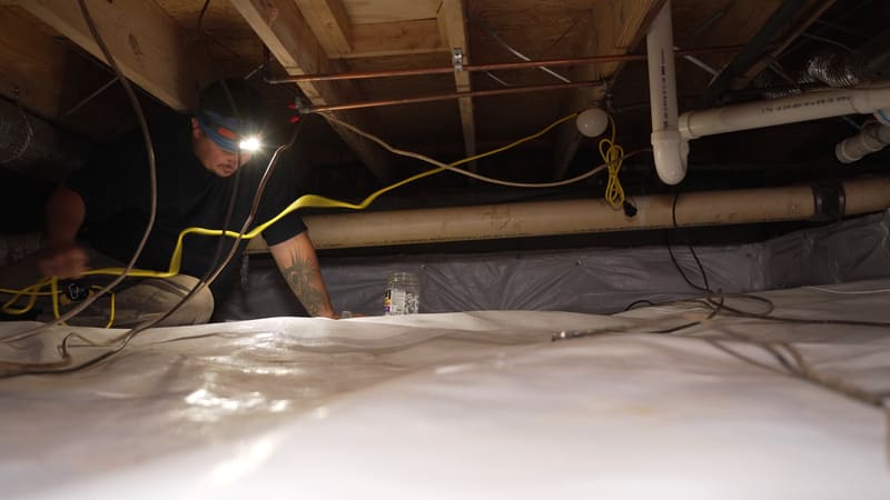 A Crawl Space Brothers specialist working beneath a home