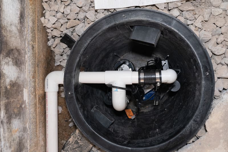 A technician installing a drainage channel along a crawl space wall