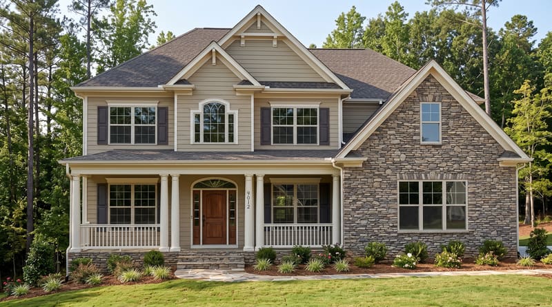 A two-story home with landscaping along its foundation