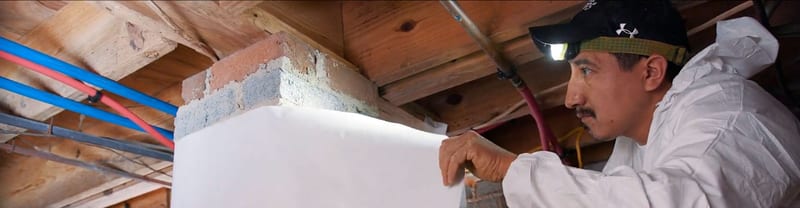 A technician fitting vapor barrier material around a crawl space support