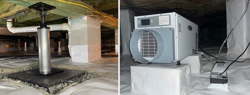 Crawl space support jack and a dehumidifier in an encapsulated crawl space
