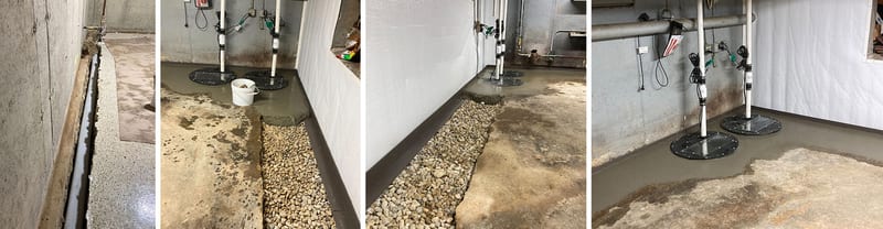 Three views of a basement perimeter drainage installation
