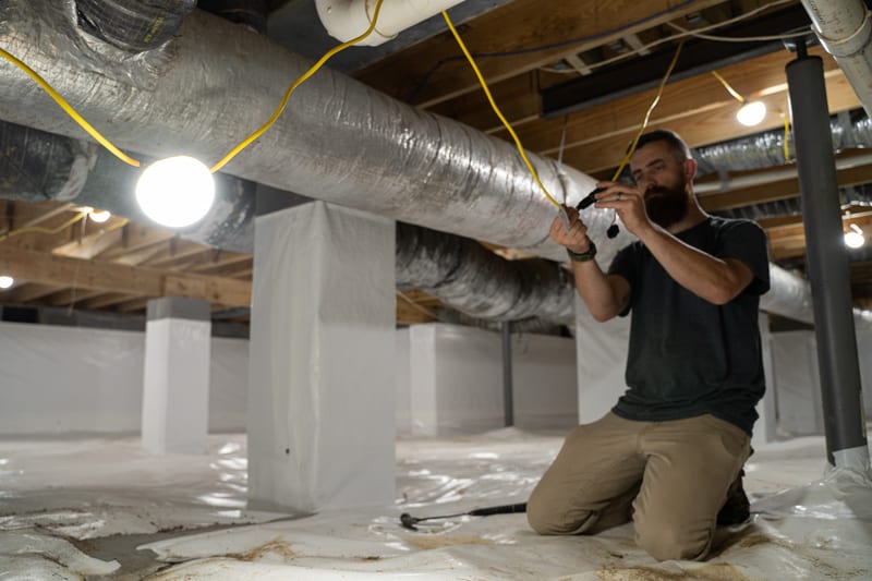 A Crawl Space Brothers specialist inspecting an encapsulated crawl space