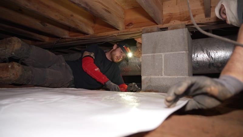A gloved worker laying sheeting across a dirt crawl space floor