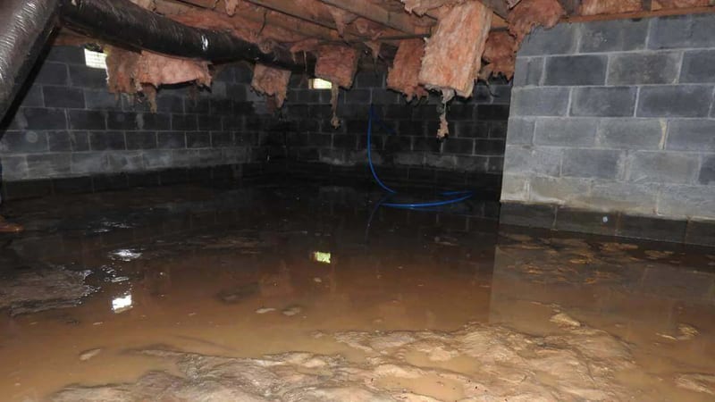 Standing water beneath crawl space floor framing
